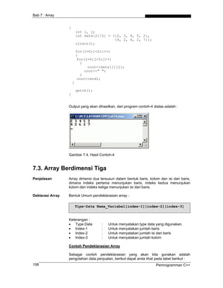 Bab 7 : Array


                  {
                          int i, j;
                          int data[2][5] = {{2, 3, 4, 5, 2},
                                            {4, 2, 6, 2, 7}};
                          clrscr();

                          for(i=0;i<2;i++)
                          {
                           for(j=0;j<5;j++)
                            {
                                cout<<data[i][j];
                              cout<<" ";
                            }
                           cout<<endl;
                      }

                          getch();
                  }


                  Output yang akan dihasilkan, dari program contoh-4 diatas adalah :




                  Gambar 7.4. Hasil Contoh-4


7.3. Array Berdimensi Tiga
Penjelasan        Array dimensi dua tersusun dalam bentuk baris, kolom dan isi dari baris,
                  dimana indeks pertama menunjukan baris, indeks kedua menunjukan
                  kolom dan indeks ketiga menunjukan isi dari baris.

Deklarasi Array   Bentuk Umum pendeklarasian array :

                          Tipe-Data Nama_Variabel[index-1][index-2][index-3]


                  Keterangan :
                  • Type Data         :   Untuk menyatakan type data yang digunakan.
                  • Index-1           :   Untuk menyatakan jumlah baris
                  • Index-2           :   Untuk menyatakan jumlah isi dari baris
                  • Index-3           :   Untuk menyatakan jumlah kolom

                  Contoh Pendeklarasian Array

                  Sebagai contoh pendeklarasian yang akan kita gunakan adalah
                  pengolahan data penjualan, berikut dapat anda lihat pada tabel berikut :
106                                                                   Pemrogramman C++
 