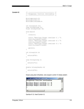 Bab 9 : Fungsi



Contoh-12          /* ------------------------------- */
                   /* Penggunaan function overloading */
                   /* ------------------------------- */

                   #include<conio.h>
                   #include<stdio.h>
                   #include<iostream.h>


                   int hitung(int b);
                   long hitung(long c);
                   float hitung(float d);

                   void main()
                   {
                      clrscr();

                       cout<< "Hasilnya Fungsi overload -1 : ";
                       cout<<hitung(4)<<endl;
                       cout<< "Hasilnya Fungsi overload -2 : ";
                       cout<<hitung(2)<<endl;
                       cout<< "Hasilnya Fungsi overload -3 : ";
                       cout<<hitung(3)<<endl;

                       getch();
                   }

                   int hitung(int b)
                   {
                     return(b*b);
                   }

                   long hitung(long c)
                   {
                     return(c*c);
                   }

                   double hitung(double d)
                   {
                     return(d*d);
                   }

                   Output yang akan dihasilkan, dari program contoh-12 diatas adalah :




                   Gambar 8.12. Hasil Contoh-12



Frieyadie, S.Kom                                                                         139
 