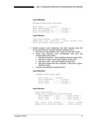 Bab 2 : Pengenalan Model Data, Perintah Masukan dan Keluaran




                      Layar Masukkan

                      PROGRAM HITUNG NILAI RATA-RATA

                      Nama Siswa : ... < diinput >
                      Nilai Pertandingan I : ... < diinput >
                      Nilai Pertandingan II : ... < diinput >
                      Nilai Pertandingan III : ... < diinput >

                      Layar Keluaran

                      Siswa yang bernama ...<tampil data>
                      Memperoleh nilai rata-rata ...<hasil               proses>    dari
                      hasil perlombaan yang diikutinya.


                   2. Buatlah program untuk menghitung nilai akhir seorang siswa dari
                      kursus yang diikutinya. Dengan ketentuan sebagai berikut :
                      • Nama Siswa, Nilai Keaktifan, Nilai Tugas dan Nilai Ujian diinput.
                      • Proses yang dilakukan untuk mendapatkan nilai murni dari
                          masing-masing nilai, adalah
                          • Nilai Murni Keaktifan = Nilai Keaktifaan dikalikan dengan 20%.
                          • Nilai Murni Tugas = Nilai Tugas dikalikan dengan 30%
                          • Nilai Murni Ujian = Nilai Ujian dikalikan dengan 50%
                          • Nilai Akhir adalah Nilai Murni Keaktifan + Nilai Murni Tugas +
                              Nilai Murni Ujian
                      • Tampilan yang diinginkan sebagai berikut :

                      Layar Masukkan

                          PROGRAM HITUNG NILAI AKHIR

                              Nama Siswa : ...     <   diinput >
                              Nilai Keaktifan      :   ... < diinput >
                              Nilai Tugas          :   ... < diinput >
                              Nilai Ujian          :   ... < diinput >


                      Layar Keluaran

                         Siswa yang bernama ……
                         Dengan Nilai Persentasi Yang dihasilkan.
                             Nilai Keaktifan * 20% : ... < hasil proses >
                             Nilai Tugas     * 30% : ... < hasil proses >
                             Nilai Ujian     * 50% : ... < hasil proses >

                         Jadi Siswa yang bernama ... <hasil proses>
                         memperoleh nilai akhir sebesar ... <hasil proses>




Frieyadie, S.Kom                                                                       37
 