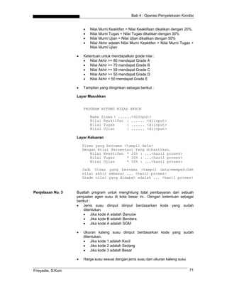 Bab 4 : Operasi Penyeleksian Kondisi


                       •   Nilai Murni Keaktifan = Nilai Keaktifaan dikalikan dengan 20%.
                       •   Nilai Murni Tugas = Nilai Tugas dikalikan dengan 30%
                       •   Nilai Murni Ujian = Nilai Ujian dikalikan dengan 50%
                       •   Nilai Akhir adalah Nilai Murni Keaktifan + Nilai Murni Tugas +
                           Nilai Murni Ujian

                   •   Ketentuan untuk mendapatkan grade nilai :
                       • Nilai Akhir >= 80 mendapat Grade A
                       • Nilai Akhir >= 70 mendapat Grade B
                       • Nilai Akhir >= 59 mendapat Grade C
                       • Nilai Akhir >= 50 mendapat Grade D
                       • Nilai Akhir < 50 mendapat Grade E

                   •   Tampilan yang diinginkan sebagai berikut :

                   Layar Masukkan


                       PROGRAM HITUNG NILAI AKHIR

                           Nama Siswa : ......<diinput>
                           Nilai Keaktifan : ...... <diinput>
                           Nilai Tugas      : ...... <diinput>
                           Nilai Ujian      : ...... <diinput>

                   Layar Keluaran

                       Siswa yang bernama <tampil data>
                       Dengan Nilai Persentasi Yang dihasilkan.
                           Nilai Keaktifan * 20% : ...<hasil proses>
                           Nilai Tugas     * 30% : ...<hasil proses>
                           Nilai Ujian     * 50% : ...<hasil proses>

                       Jadi Siswa yang bernama <tampil data>memperoleh
                       nilai akhir sebesar ... <hasil proses>
                       Grade nilai yang didapat adalah ... <hasil proses>



Penjelasan No. 3   Buatlah program untuk menghitung total pembayaran dari sebuah
                   penjualan agen susu di kota besar ini.. Dengan ketentuan sebagai
                   berikut :
                   • Jenis susu diinput diinput berdasarkan kode yang sudah
                       ditentukan
                       • Jika kode A adalah Dancow
                       • Jika kode B adalah Bendera
                       • Jika kode A adalah SGM

                   •   Ukuran kaleng susu diinput berdasarkan kode yang sudah
                       ditentukan.
                       • Jika kode 1 adalah Kecil
                       • Jika kode 2 adalah Sedang
                       • Jika kode 3 adalah Besar

                   •   Harga susu sesuai dengan jenis susu dan ukuran kaleng susu


Frieyadie, S.Kom                                                                      71
 