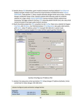 3. Setelah device PC0 dimatikan, ganti module (network interface) default Fast-Ethernet
(kabel) menjadi module untuk menerima sinyal wireless (nirkabel) bernama Linksys-
WMP300N. Pada gambar 7, lokasi module ditandai dengan kotak warna hijau. Caranya
dengan melakukan drag n drop. Setelah module telah dibuang, pada list modules
sebelah kiri, drag n drop Linksys-WMP300N menuju tempat module sebelumnya
terpasang. Sehingga network interface PC0 sekarang adalah WLAN Card, dan siap untuk
menerima paket di jaringan pada medium wireless.
4. Masih di jendela properties PC0, Lanjutkan ke tab Config. Pada menu sebelah kiri bagian
Interface, klik Wireless. Cari field bertuliskan IP Configuration dan pada radio button,
pilih Static. Isikan IP address untuk PC0 menjadi 192.168.123.1 subnet mask
255.255.255.0. Ilustrasi langkah 4 ini akan terlihat seperti gambar 8 berikut ini.
Gambar 8 Konfigurasi IP Address PC0
5. Lakukan hal yang sama untuk worstation PC1 tetapi dengan IP address berbeda. Untuk
contoh kali ini isikan dengan 192.168.123.2
Lakukan konfigurasi pada workstation sebagai berikut:
Pada PC0 : Pada PC1 :
IP Address
Subnet Mask
: 192.168.123.1
: 255.255.255.0
IP Address
Subnet Mask
: 192.168.123.2
: 255.255.255.0
10
 