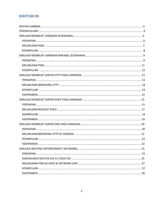 DAFTAR ISI
DAFTAR GAMBAR.......................................................................................................................................... 3
PENDAHULUAN ............................................................................................................................................. 4
SIMULASI MEMBUAT JARINGAN SEDERHANA.............................................................................................. 6
PERSIAPAN ................................................................................................................................................ 6
MELAKUKAN PING .................................................................................................................................... 7
KESIMPULAN ............................................................................................................................................. 8
SIMULASI MEMBUAT JARINGAN NIRKABEL SEDERHANA ............................................................................. 9
PERSIAPAN ................................................................................................................................................ 9
MELAKUKAN PING .................................................................................................................................. 11
KESIMPULAN ........................................................................................................................................... 12
SIMULASI MEMBUAT SERVER HTTP PADA JARINGAN ................................................................................ 13
PERSIAPAN .............................................................................................................................................. 13
MELAKUKAN BROWSING HTTP ............................................................................................................... 14
KESIMPULAN ........................................................................................................................................... 14
EKSPERIMEN ........................................................................................................................................... 14
SIMULASI MEMBUAT SERVER DHCP PADA JARINGAN ............................................................................... 15
PERSIAPAN .............................................................................................................................................. 15
MELAKUKAN REQUEST DHCP.................................................................................................................. 17
KESIMPULAN ........................................................................................................................................... 19
EKSPERIMEN ........................................................................................................................................... 19
SIMULASI MEMBUAT SERVER DNS PADA JARINGAN.................................................................................. 20
PERSIAPAN .............................................................................................................................................. 20
MELAKUKAN BROWSING HTTP KE DOMAIN........................................................................................... 21
KESIMPULAN ........................................................................................................................................... 22
EKSPERIMEN ........................................................................................................................................... 22
SIMULASI ROUTING (INTERCONNECT-NETWORK)...................................................................................... 23
PERSIAPAN .............................................................................................................................................. 23
KONFIGURASI ROUTER VIA CLI CISCO IOS .............................................................................................. 25
MELAKUKAN PING KE HOST DI NETWORK LAIN ..................................................................................... 27
KESIMPULAN ........................................................................................................................................... 27
EKSPERIMEN ........................................................................................................................................... 28
2
 
