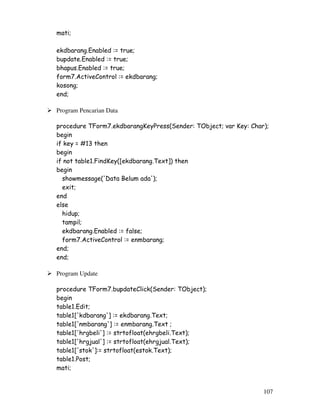 107
mati;
ekdbarang.Enabled := true;
bupdate.Enabled := true;
bhapus.Enabled := true;
form7.ActiveControl := ekdbarang;
kosong;
end;
Program Pencarian Data
procedure TForm7.ekdbarangKeyPress(Sender: TObject; var Key: Char);
begin
if key = #13 then
begin
if not table1.FindKey([ekdbarang.Text]) then
begin
showmessage('Data Belum ada');
exit;
end
else
hidup;
tampil;
ekdbarang.Enabled := false;
form7.ActiveControl := enmbarang;
end;
end;
Program Update
procedure TForm7.bupdateClick(Sender: TObject);
begin
table1.Edit;
table1['kdbarang'] := ekdbarang.Text;
table1['nmbarang'] := enmbarang.Text ;
table1['hrgbeli'] := strtofloat(ehrgbeli.Text);
table1['hrgjual'] := strtofloat(ehrgjual.Text);
table1['stok']:= strtofloat(estok.Text);
table1.Post;
mati;
 