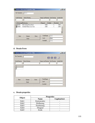 110
d. Desain Form
e. Desain properties
Properties
Object
Name Caption/text
Edit1 Enotransaksi -
Edit2 Ekdbarang -
Edit3 Enmbarang -
Edit4 Ehrgjual -
Edit5 Estok -
 