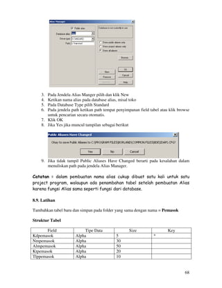 68
3. Pada Jendela Alias Manger pilih dan klik New
4. Ketikan nama alias pada database alias, misal toko
5. Pada Database Type pilih Standard
6. Pada jendela path ketikan path tempat penyimpanan field tabel atau klik browse
untuk pencarian secara otomatis.
7. Klik OK
8. Jika Yes jika muncul tampilan sebagai berikut
9. Jika tidak tampil Public Aliases Have Changed berarti pada kesalahan dalam
menuliskan path pada jendela Alias Manager.
Catatan = dalam pembuatan nama alias cukup dibuat satu kali untuk satu
project program, walaupun ada penambahan tabel setelah pembuatan Alias
karena fungsi Alias sama seperti fungsi dari database.
8.9. Latihan
Tambahkan tabel baru dan simpan pada folder yang sama dengan nama = Pemasok
Struktur Tabel
Field Tipe Data Size Key
Kdpemasok Alpha 5 *
Nmpemasok Alpha 30
Almpemasok Alpha 50
Ktpemasok Alpha 20
Tlppemasok Alpha 10
 