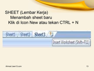 Ahmad Jaeri S.com 13
SHEET (Lembar Kerja)
Menambah sheet baru
Klik di Icon New atau tekan CTRL + N
 