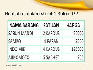 Ahmad Jaeri S.com 19
Buatlah di dalam sheet 1 Kolom G2
 
