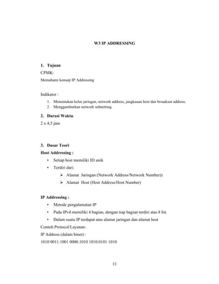 11
W3 IP ADDRESSING
1. Tujuan
CPMK:
Memahami konsep IP Addressing
Indikator :
1. Menentukan kelas jaringan, network address, jangkauan host dan broadcast address.
2. Menggambarkan network subnetting.
2. Durasi Waktu
2 x 4,5 jam
3. Dasar Teori
Host Addressing :
• Setiap host memiliki ID unik
• Terdiri dari:
➢ Alamat Jaringan (Network Address/Network Number))
➢ Alamat Host (Host Address/Host Number)
IP Addressing :
• Metode pengalamatan IP
• Pada IPv4 memiliki 4 bagian, dengan tiap bagian terdiri atas 8 bit.
• Dalam suatu IP terdapat atas alamat jaringan dan alamat host
Contoh Protocol/Layanan:
IP Address (dalam biner) :
1010 0011.1001 0000.1010 1010.0101 1010
 