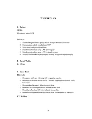 29
W5 SETUP LAN
1. Tujuan
CPMK:
Memahami setup LAN
Indikator :
1. Membandingkan teknik pengkabelan straight-thru dan cross over
2. Menunjukkan teknik pengkabelan UTP
3. Menyusun konfigurasi ip address
4. Mendemonstrasikan setup LAN peer to peer
5. Mendemonstrasikan setup LAN bertopology star
6. Menguji hasil koneksitas jaringan yang di-setup menggunakan program ping
2. Durasi Waktu
2 x 4,5 jam
3. Dasar Teori
Ethernet :
• Merupakan salah satu Teknologi LAN yang paling populer.
• Menjelaskan sejumlah aturan-aturan / protokol yang dibutuhkan untuk saling
berkoneksi.
• Menyediakan framework dalam transmisi data.
• Memberikan batasan performansi dalam transmisi data.
• Mendukung Topology LAN Point to Point, Bus dan Star
• Media transmisinya dapat berupa coaxial cable, twisted pair atau fiber optik.
UTP Cabling :
 