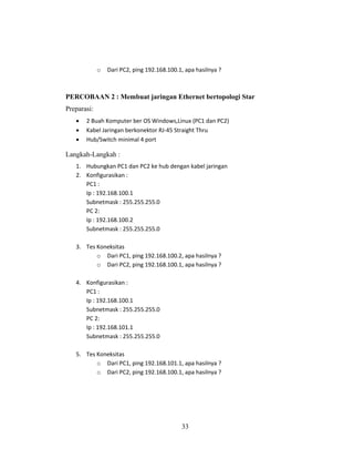 33
o Dari PC2, ping 192.168.100.1, apa hasilnya ?
PERCOBAAN 2 : Membuat jaringan Ethernet bertopologi Star
Preparasi:
• 2 Buah Komputer ber OS Windows,Linux (PC1 dan PC2)
• Kabel Jaringan berkonektor RJ-45 Straight Thru
• Hub/Switch minimal 4 port
Langkah-Langkah :
1. Hubungkan PC1 dan PC2 ke hub dengan kabel jaringan
2. Konfigurasikan :
PC1 :
Ip : 192.168.100.1
Subnetmask : 255.255.255.0
PC 2:
Ip : 192.168.100.2
Subnetmask : 255.255.255.0
3. Tes Koneksitas
o Dari PC1, ping 192.168.100.2, apa hasilnya ?
o Dari PC2, ping 192.168.100.1, apa hasilnya ?
4. Konfigurasikan :
PC1 :
Ip : 192.168.100.1
Subnetmask : 255.255.255.0
PC 2:
Ip : 192.168.101.1
Subnetmask : 255.255.255.0
5. Tes Koneksitas
o Dari PC1, ping 192.168.101.1, apa hasilnya ?
o Dari PC2, ping 192.168.100.1, apa hasilnya ?
 
