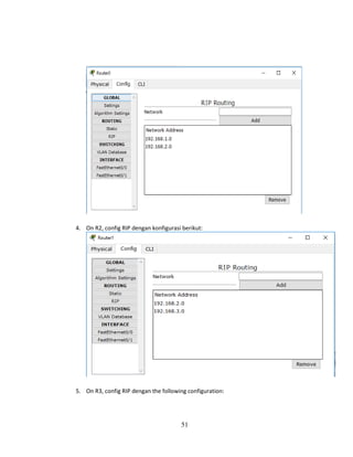 51
4. On R2, config RIP dengan konfigurasi berikut:
5. On R3, config RIP dengan the following configuration:
 