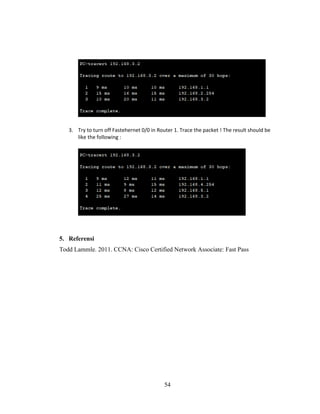 54
3. Try to turn off Fastehernet 0/0 in Router 1. Trace the packet ! The result should be
like the following :
5. Referensi
Todd Lammle. 2011. CCNA: Cisco Certified Network Associate: Fast Pass
 