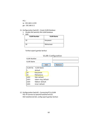 60
PC1 :
ip : 192.168.11.2/24
gw : 192.168.11.1
11. Konfigurasikan Switch0 – Create VLAN Database
1. Double Klik Switch0, Klik VLAN Database
2. Add :
VLAN Number VLAN Name
10 Karyawan
20 Mahasiswa
Terlihat seperti gambar berikut:
12. Konfigurasikan Switch0 – Connecting PC to VLAN
PC0 → Connect to Switch0 FastEthernet 0/2.
Klik Fastethernet 0/2, config seperti gambar berikut:
 