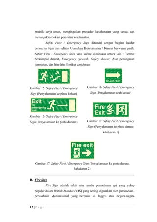 praktik kerja aman, mengingatkan prosedur keselamatan yang sesuai dan
menunjukkan lokasi peralatan keselamatan.
Safety First / Emergency Sign ditandai dengan bagian header
berwarna hijau dan tulisan Utamakan Keselamatan / Darurat berwarna putih.
Safety First / Emergency Sign yang sering digunakan antara lain : Tempat
berkumpul darurat, Emergency eyewash, Safety shower, Alat penanganan
tumpahan, dan lain-lain. Berikut contohnya:

Gambar 15. Safety First / Emergency

Gambar 16. Safety First / Emergency

Sign (Penyelamatan ke pintu keluar)

Sign (Penyelamatan arah keluar)

Gambar 16. Safety First / Emergency
Sign (Penyelamatan ke pintu darurat)

Gambar 17. Safety First / Emergency
Sign (Penyelamatan ke pintu darurat
kebakaran 1)

Gambar 17. Safety First / Emergency Sign (Penyelamatan ke pintu darurat
kebakaran 2)

D. Fire Sign
Fire Sign adalah salah satu rambu pemadaman api yang cukup
populer dalam British Standard (BS) yang sering digunakan oleh perusahaanperusahaan Multinasional yang berpusat di Inggris atau negara-negara

12 | P a g e

 