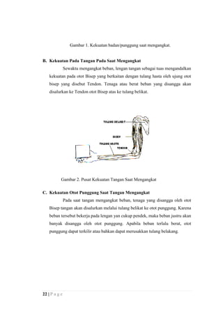 Gambar 1. Kekuatan badan/punggung saat mengangkat.

B. Kekuatan Pada Tangan Pada Saat Mengangkat
Sewaktu mengangkat beban, lengan tangan sebagai tuas mengandalkan
kekuatan pada otot Bisep yang berkaitan dengan tulang hasta oleh ujung otot
bisep yang disebut Tendon. Tenaga atau berat beban yang disangga akan
disalurkan ke Tendon otot Bisep atas ke tulang belikat.

Gambar 2. Pusat Kekuatan Tangan Saat Mengangkat
C. Kekuatan Otot Punggung Saat Tangan Mengangkat
Pada saat tangan mengangkat beban, tenaga yang disangga oleh otot
Bisep tangan akan disalurkan melalui tulang belikat ke otot punggung. Karena
beban tersebut bekerja pada lengan yan cukup pendek, maka beban justru akan
banyak disangga oleh otot punggung. Apabila beban terlalu berat, otot
punggung dapat terkilir atau bahkan dapat merusakkan tulang belakang.

22 | P a g e

 