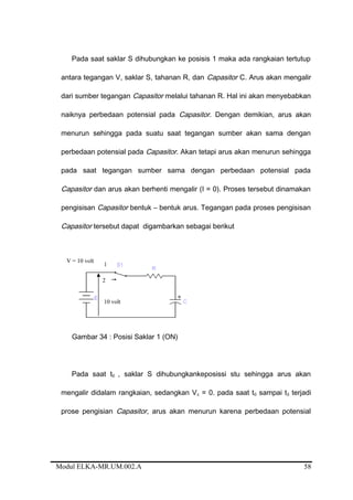 Pada saat saklar S dihubungkan ke posisis 1 maka ada rangkaian tertutup
antara tegangan V, saklar S, tahanan R, dan Capasitor C. Arus akan mengalir
dari sumber tegangan Capasitor melalui tahanan R. Hal ini akan menyebabkan
naiknya perbedaan potensial pada Capasitor. Dengan demikian, arus akan
menurun sehingga pada suatu saat tegangan sumber akan sama dengan
perbedaan potensial pada Capasitor. Akan tetapi arus akan menurun sehingga
pada saat tegangan sumber sama dengan perbedaan potensial pada
Capasitor dan arus akan berhenti mengalir (I = 0). Proses tersebut dinamakan
pengisisan Capasitor bentuk – bentuk arus. Tegangan pada proses pengisisan
Capasitor tersebut dapat digambarkan sebagai berikut
Gambar 34 : Posisi Saklar 1 (ON)
Pada saat t0 , saklar S dihubungkankeposissi stu sehingga arus akan
mengalir didalam rangkaian, sedangkan Vc = 0. pada saat t0 sampai t3 terjadi
prose pengisian Capasitor, arus akan menurun karena perbedaan potensial
Modul ELKA-MR.UM.002.A
1
2
V = 10 volt
10 volt
58
 