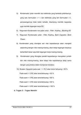 5). Kondensator polar memiliki dua elektroda yang berbeda polaritasnya,
yang satu bermuatan « + » dan elektroda yang lain bermuatan «-»,
pemasangannya tidak boleh terbalik, disamping memiliki kapasitas
juga memiliki tegangan kerja DC.
6). Kegunaan Kondensator non polar untuk : Filter ; Kopling ; Blocking DC
7). Kegunaan Kondensator polar : Filter, Kopling, Bank Capasitor, Bank
Power.
8). Kondensator yang dirangkai seri nilai kapasitasnya akan mengecil
sebanding dengan nilai masing-masing, akan tetapi tegangan kerjanya
bertambah besar sejumlah tegangan kerja masing-masing.
9). Kondensator yang dirangkai paralel kapasitasnya merupakan jumlah
dari nilai masing-masing, akan tetapi nilai kapasitasnya tetap sama
dengan yang tertera dalam komponen tersebut.
10). Muatan Capasitor pada saat t = R.C akan terisi/ terbuang = 50 %
Pada saat t = 2 RC akan terisi/terbuang = 63 %
Pada saat t = 3 RC akan terisi/terbuang = 86 %
Pada saat t = 4 RC akan terisi/terbuang = 95 %
Pada saat t = 5 RC akan terisi/terbuang = 100 %
d. Tugas 2 : Tugas Mandiri
Modul ELKA-MR.UM.002.A 63
 