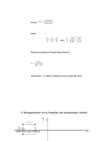 karena impedansi
tegangan
arus =
maka :
2
2
2
2
2
2
LX
E
R
E
Z
E
+= atau
( )
( )
( )
2
2
2
2
)( LX
E
R
E
Z
V
+=
Besarnya Impedansi Paralel dapat dihitung :
22
L
L
XR
XR
Z
+
⋅
=
Keterangan : Z adalah impedansi satuan dalam Ω (ohm).
5. Menggambarkan kurva Pengisian dan pengosongan induktor
Modul ELKA-MR.UM.002.A 79
 