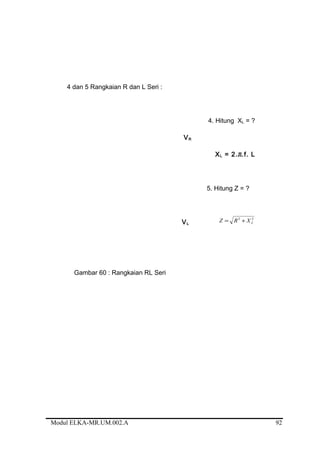 22
LXRZ +=
4 dan 5 Rangkaian R dan L Seri :
4. Hitung XL = ?
VR
XL = 2.Л.f. L
5. Hitung Z = ?
VL
Gambar 60 : Rangkaian RL Seri
Modul ELKA-MR.UM.002.A 92
 