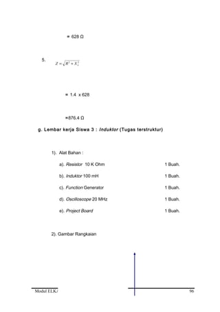 22
LXRZ +=
= 628 Ω
5.
= 1.4 x 628
=876.4 Ω
g. Lembar kerja Siswa 3 : Induktor (Tugas terstruktur)
1). Alat Bahan :
a). Resistor 10 K Ohm 1 Buah.
b). Induktor 100 mH 1 Buah.
c). Function Generator 1 Buah.
d). Oscilloscope 20 MHz 1 Buah.
e). Project Board 1 Buah.
2). Gambar Rangkaian
Modul ELKA-MR.UM.002.A 96
 