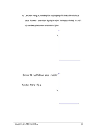 7). Lakukan Pengukuran tampilan tegangan pada Induktor dan Arus
pada Induktor bila diberi tegangan input persegi (Square), 1 KHz/1
Vp-p maka gambarkan tampilan Output !
VL
Gambar 62 : Melihat Arus pada Induktor
Function 1 KHz 1 Vp-p
IL
Modul ELKA-MR.UM.002.A 98
 