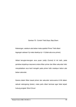 Gambar 70 : Contoh Trafo Daya Step Down.
Keterangan, sebelum ada beban maka apabila Primer Trafo diberi
tegangan sebesar Vp maka idealnya Ip = 0 (tidak ada arus primer).
Akibat kerugian-kerugian arus pusar (eddy Current) di inti trafo, pada
peristiwa terjadinya resonansi antara lilitan primer dan lilitan sekunder trafo
menyebabkan arus kecil mengalir pada primer trafo meskipun belum ada
beban sekunder.
Karena dalam lilitan kawat primer dan sekunder sama-sama di lilit dalam
sebuah selongsong (koker), maka perlu diberi laminasi agar tidak terjadi
hubung singkat/ Short Circuit.
Modul ELKA-MR.UM.002.A 99
 