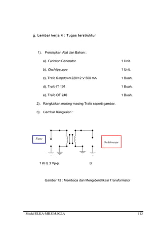 g. Lembar kerja 4 : Tugas terstruktur
1). Persiapkan Alat dan Bahan :
a). Function Generator 1 Unit.
b). Oschiloscope 1 Unit.
c). Trafo Stepdown 220/12 V 500 mA 1 Buah.
d). Trafo IT 191 1 Buah.
e). Trafo OT 240 1 Buah.
2). Rangkaikan masing-masing Trafo seperti gambar.
3). Gambar Rangkaian :
CH 1
A CH 2
1 KHz 3 Vp-p B
Gambar 73 : Membaca dan Mengidentifikasi Transformator
Modul ELKA-MR.UM.002.A
Func
Oschiloscope
113
 
