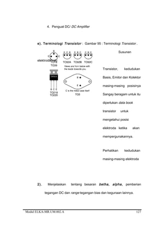 4. Penguat DC/ DC Amplifier
e). Terminologi Transistor : Gambar 95 : Terminologi Transistor .
Susunan
elektroda/kaki
Transistor, kedudukan
Basis, Emitor dan Kolektor
masing-masing posisinya
Sangay beragam untuk itu
diperlukan data book
transistor untuk
mengetahui posisi
elektroda ketika akan
mempergunakannya.
Perhatikan kedudukan
masing-masing elektroda
2). Menjelaskan tentang besaran betha, alpha, pemberian
tegangan DC dan range tegangan bias dan kegunaan lainnya.
Modul ELKA-MR.UM.002.A 127
 