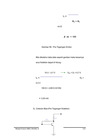 IC =
RE + RC
100 Ω
β dc = 100
Gambar 99 : Pra Tegangan Emitor
Bila diketahui data-data seperti gambar maka besarnya
arus Kolektor dapat di hitung :
15 V – 0.7 V VBE = Si = 0.7 V
IC = GE =
0.3 V
100 Ω + (430 K Ω/100)
= 3.25 mA
3). Colector Bias (Pra Tegangan Kolektor)
Modul ELKA-MR.UM.002.A 133
 