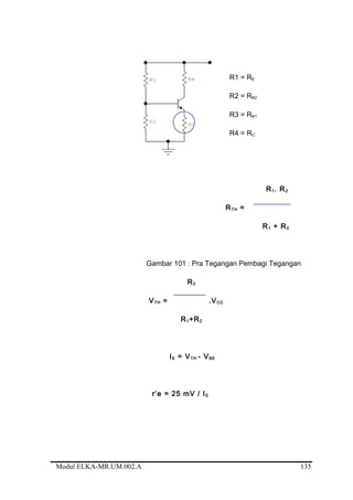 R1 = RE
R2 = RB2
R3 = RB1
R4 = RC
R1. R2
RTH =
R1 + R2
Gambar 101 : Pra Tegangan Pembagi Tegangan
R2
VTH = .VCC
R1+R2
IE = VTH - VBE
r’e = 25 mV / IE
Modul ELKA-MR.UM.002.A 135
 