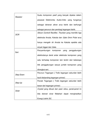 Resistor
Suatu komponen pasif yang banyak dipakai dalam
pesawat Elektronika Audio-Vidio yang fungsinya
sebagai tahanan aliran arus listrik dan berfungsi
sebagai penurun dan pembagi tegangan listrik.
SCR
Silicon Controll Rectifier, Thyristor yang memiliki tiga
elektroda Anoda, Katoda dan Gate Omni Polar arus
hanya mengalir dri Anoda ke Katoda apabila ada
sinyal trigger dari Gate.
Seri
Penyambungan komponen yang penggabungan
elektrodanya deret antar elektroda komponen yang
satu terhadap komponen lain terdiri dari beberapa
titik penggabungan sesuai jumlah komponen yang
dirangkai seri.
Step Down
Perunun Tegangan ( Trafo tegangan sekunder lebih
kecil disbanding tegangan primer)
Step Up
Penaik Tegangan ( Trafo tegangan sekunder lebih
besar dari tegangan primer)
Solar
Crystal yang dibuat dari pasir silica, panel-panel ini
bila disinari sinar Matahari dapat menghasilkan
Energi Listrik DC.
xvii
 