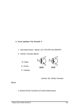 b. Kunci jawaban Tes formatif 5
1. Ada empat macam : Bipolar, UJT, FET/JFET dan MOSFET.
2. Gambar Transistor Bipolar :
B = Basis
E = Emitor
C = Kolektor
Gambar 108 : Simbol Transistor
Bipolar
3. Gambar Simbol Transistor UJT berikut Elektrodanya
Modul ELKA-MR.UM.002.A 150
 