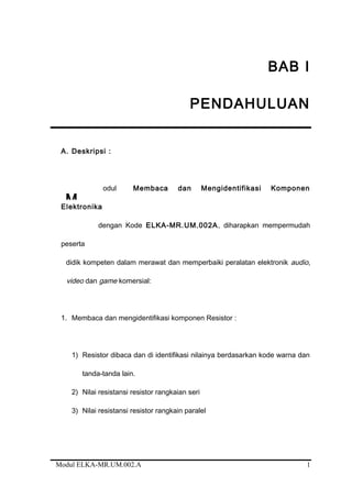 BAB I
PENDAHULUAN
A. Deskripsi :
odul Membaca dan Mengidentifikasi Komponen
Elektronika
dengan Kode ELKA-MR.UM.002A, diharapkan mempermudah
peserta
didik kompeten dalam merawat dan memperbaiki peralatan elektronik audio,
video dan game komersial:
1. Membaca dan mengidentifikasi komponen Resistor :
1) Resistor dibaca dan di identifikasi nilainya berdasarkan kode warna dan
tanda-tanda lain.
2) Nilai resistansi resistor rangkaian seri
3) Nilai resistansi resistor rangkain paralel
Modul ELKA-MR.UM.002.A 1
M
 