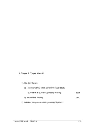 d. Tugas 6 :Tugas Mandiri
1). Alat dan Bahan :
a). Thyristor ( ECG 5468; ECG 5568; ECG 5605;
ECG 5646 & ECG 6412) masing-masing 1 Buah
b). Multimeter Analog 1 Unit.
2). Lakukan pengukuran masing-masing Thyristor !
Modul ELKA-MR.UM.002.A 159
 