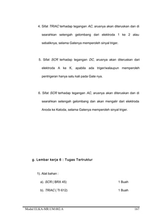 4. Sifat TRIAC terhadap tegangan AC, arusnya akan diteruskan dan di
searahkan setengah gelombang dari elektroda 1 ke 2 atau
sebaliknya, selama Gatenya memperoleh sinyal triger.
5. Sifat SCR terhadap tegangan DC, arusnya akan diteruskan dari
elektroda A ke K, apabila ada triger/walaupun memperoleh
pentrigeran hanya satu kali pada Gate nya.
6. Sifat SCR terhadap tegangan AC, arusnya akan diteruskan dan di
searahkan setengah gelombang dan akan mengalir dari elektroda
Anoda ke Katoda, selama Gatenya memperoleh sinyal triger.
g. Lembar kerja 6 : Tugas Tertruktur
1). Alat bahan :
a). SCR ( BRX 45) 1 Buah
b). TRIAC ( TI 612) 1 Buah
Modul ELKA-MR.UM.002.A 167
 