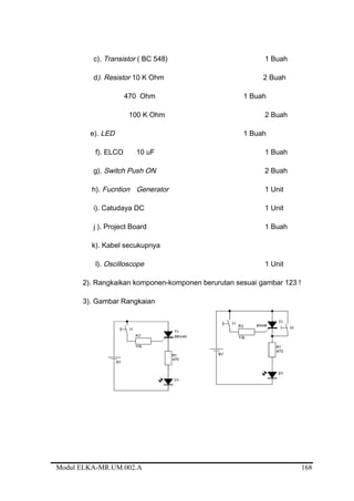 c). Transistor ( BC 548) 1 Buah
d). Resistor 10 K Ohm 2 Buah
470 Ohm 1 Buah
100 K Ohm 2 Buah
e). LED 1 Buah
f). ELCO 10 uF 1 Buah
g). Switch Push ON 2 Buah
h). Fucntion Generator 1 Unit
i). Catudaya DC 1 Unit
j ). Project Board 1 Buah
k). Kabel secukupnya
l). Oscilloscope 1 Unit
2). Rangkaikan komponen-komponen berurutan sesuai gambar 123 !
3). Gambar Rangkaian
Modul ELKA-MR.UM.002.A 168
 
