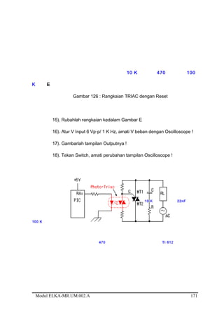 10 K 470 100
K E
Gambar 126 : Rangkaian TRIAC dengan Reset
15). Rubahlah rangkaian kedalam Gambar E
16). Atur V Input 6 Vp-p/ 1 K Hz, amati V beban dengan Oscilloscope !
17). Gambarlah tampilan Outputnya !
18). Tekan Switch, amati perubahan tampilan Oscilloscope !
10 K 22nF
100 K
470 TI 612
Modul ELKA-MR.UM.002.A 171
 