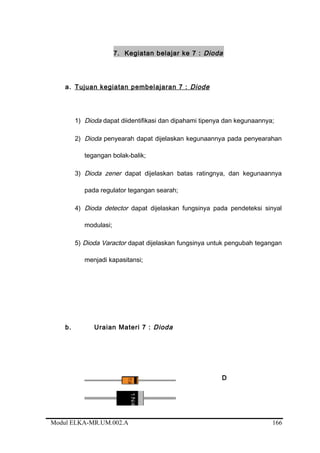 7. Kegiatan belajar ke 7 : Dioda
a. Tujuan kegiatan pembelajaran 7 : Diode
1) Dioda dapat diidentifikasi dan dipahami tipenya dan kegunaannya;
2) Dioda penyearah dapat dijelaskan kegunaannya pada penyearahan
tegangan bolak-balik;
3) Dioda zener dapat dijelaskan batas ratingnya, dan kegunaannya
pada regulator tegangan searah;
4) Dioda detector dapat dijelaskan fungsinya pada pendeteksi sinyal
modulasi;
5) Dioda Varactor dapat dijelaskan fungsinya untuk pengubah tegangan
menjadi kapasitansi;
b. Uraian Materi 7 : Dioda
D
Modul ELKA-MR.UM.002.A 166
 