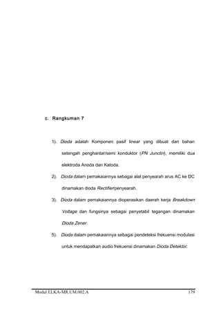 c. Rangkuman 7
1). Dioda adalah Komponen pasif linear yang dibuat dari bahan
setengah penghantar/semi konduktor (PN Junctin), memiliki dua
elektroda Anoda dan Katoda.
2). Dioda dalam pemakaiannya sebagai alat penyearah arus AC ke DC
dinamakan dioda Rectifier/penyearah.
3). Dioda dalam pemakaiannya dioperasikan daerah kerja Breakdown
Voltage dan fungsinya sebagai penyetabil tegangan dinamakan
Dioda Zener.
5). Dioda dalam pemakaiannya sebagai pendeteksi frekuensi modulasi
untuk mendapatkan audio frekuensi dinamakan Dioda Detektor.
Modul ELKA-MR.UM.002.A 179
 