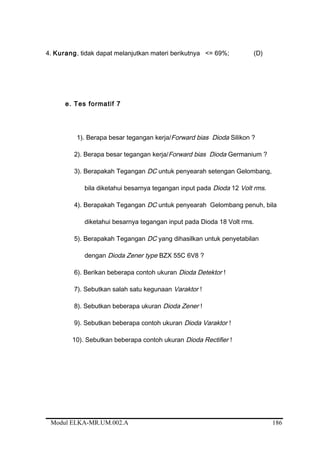 4. Kurang, tidak dapat melanjutkan materi berikutnya <= 69%; (D)
e. Tes formatif 7
1). Berapa besar tegangan kerja/Forward bias Dioda Silikon ?
2). Berapa besar tegangan kerja/Forward bias Dioda Germanium ?
3). Berapakah Tegangan DC untuk penyearah setengan Gelombang,
bila diketahui besarnya tegangan input pada Dioda 12 Volt rms.
4). Berapakah Tegangan DC untuk penyearah Gelombang penuh, bila
diketahui besarnya tegangan input pada Dioda 18 Volt rms.
5). Berapakah Tegangan DC yang dihasilkan untuk penyetabilan
dengan Dioda Zener type BZX 55C 6V8 ?
6). Berikan beberapa contoh ukuran Dioda Detektor !
7). Sebutkan salah satu kegunaan Varaktor !
8). Sebutkan beberapa ukuran Dioda Zener !
9). Sebutkan beberapa contoh ukuran Dioda Varaktor !
10). Sebutkan beberapa contoh ukuran Dioda Rectifier !
Modul ELKA-MR.UM.002.A 186
 