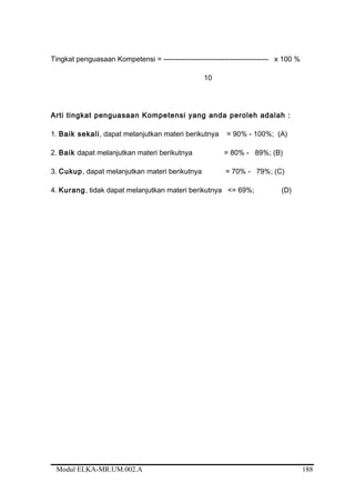 Tingkat penguasaan Kompetensi = -------------------------------------------- x 100 %
10
Arti tingkat penguasaan Kompetensi yang anda peroleh adalah :
1. Baik sekali, dapat melanjutkan materi berikutnya = 90% - 100%; (A)
2. Baik dapat melanjutkan materi berikutnya = 80% - 89%; (B)
3. Cukup, dapat melanjutkan materi berikutnya = 70% - 79%; (C)
4. Kurang, tidak dapat melanjutkan materi berikutnya <= 69%; (D)
Modul ELKA-MR.UM.002.A 188
 
