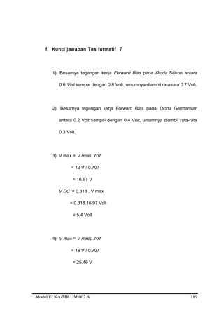 f. Kunci jawaban Tes formatif 7
1). Besarnya tegangan kerja Forward Bias pada Dioda Silikon antara
0.6 Volt sampai dengan 0.8 Volt, umumnya diambil rata-rata 0.7 Volt.
2). Besarnya tegangan kerja Forward Bias pada Dioda Germanium
antara 0.2 Volt sampai dengan 0.4 Volt, umumnya diambil rata-rata
0.3 Volt.
3). V max = V rms/0.707
= 12 V / 0.707
= 16.97 V
V DC = 0.318 . V max
= 0.318.16.97 Volt
= 5,4 Volt
4). V max = V rms/0.707
= 18 V / 0.707
= 25.46 V
Modul ELKA-MR.UM.002.A 189
 
