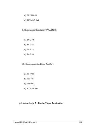 c). BZX 79C 18
d). BZV 49-C 8V2
9). Beberapa contoh ukuran VARACTOR :
a). ECG 10
b). ECG 11
c). ECG 12
d). ECG 14
10). Beberapa contoh Dioda Rectifier :
a). IN 4002
b). IN 5401
c). IN 5408
d). BYM 10-100
g. Lembar kerja 7 : Dioda (Tugas Terstruktur)
Modul ELKA-MR.UM.002.A 191
 