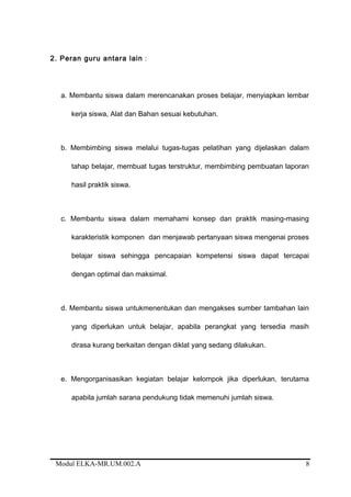 2. Peran guru antara lain :
a. Membantu siswa dalam merencanakan proses belajar, menyiapkan lembar
kerja siswa, Alat dan Bahan sesuai kebutuhan.
b. Membimbing siswa melalui tugas-tugas pelatihan yang dijelaskan dalam
tahap belajar, membuat tugas terstruktur, membimbing pembuatan laporan
hasil praktik siswa.
c. Membantu siswa dalam memahami konsep dan praktik masing-masing
karakteristik komponen dan menjawab pertanyaan siswa mengenai proses
belajar siswa sehingga pencapaian kompetensi siswa dapat tercapai
dengan optimal dan maksimal.
d. Membantu siswa untukmenentukan dan mengakses sumber tambahan lain
yang diperlukan untuk belajar, apabila perangkat yang tersedia masih
dirasa kurang berkaitan dengan diklat yang sedang dilakukan.
e. Mengorganisasikan kegiatan belajar kelompok jika diperlukan, terutama
apabila jumlah sarana pendukung tidak memenuhi jumlah siswa.
Modul ELKA-MR.UM.002.A 8
 