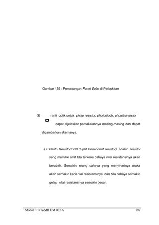 Gambar 155 : Pemasangan Panel Solar di Perbukitan
3) iranti optik untuk photo resistor, photodiode, phototransistor
dapat dijelaskan pemakaiannya masing-masing dan dapat
digambarkan skemanya.
a). Photo Resistor/LDR (Light Dependent resistor), adalah resistor
yang memiliki sifat bila terkena cahaya nilai resistansinya akan
berubah. Semakin terang cahaya yang menyinarinya maka
akan semakin kecil nilai resistansinya, dan bila cahaya semakin
gelap nilai resistansinya semakin besar.
Modul ELKA-MR.UM.002.A
P
199
 