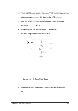 4. Tutplah LDR dengan Isolatip Hitam, ukur VC Transistor tegangannya
terbaca sebesar ............... Volt, dan Kondisi LED .................
5. Buka dan terangi LDR dengan Cahaya yang cukup, amati LED
kondisinya ............., Ukur VC ...................
6. Buat kesimpulan dari ujicoba dengan LDR tersebut !
7. Rubahlah rangkaian seperti Gambar 160 !
Gambar 160 : Uji Coba Photo Dioda.
8. Rangkaikan komponen kedalam Project Board sesuai rangkaian
160.
Modul ELKA-MR.UM.002.A 217
 