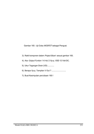 Gambar 165 : Uji Coba MOSFET sebagai Penguat.
3). Rakit komponen dalam Project Boart sesuai gambar 165.
4). Atur Output Funtion 1 K Hz/ 2 Vp-p, VDD 12 Volt DC.
5). Ukur Tegangan Drain (VD) ............
6). Berapa Vp-p, Tampilan V Out ? ...........................
7). Buat Kesimpulan percobaan 165 !
Modul ELKA-MR.UM.002.A 231
 