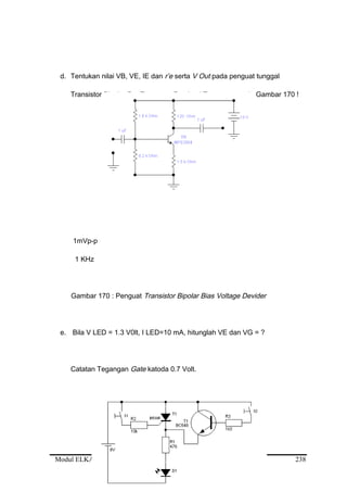 d. Tentukan nilai VB, VE, IE dan r’e serta V Out pada penguat tunggal
Transistor Bipolar Pra Tegangan Pembagi Tegangan, pada Gambar 170 !
1mVp-p
1 KHz
Gambar 170 : Penguat Transistor Bipolar Bias Voltage Devider
e. Bila V LED = 1.3 V0lt, I LED=10 mA, hitunglah VE dan VG = ?
Catatan Tegangan Gate katoda 0.7 Volt.
Modul ELKA-MR.UM.002.A 238
 