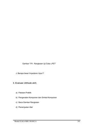 Gambar 174 : Rangkaian Uji Coba JFET
J. Berapa besar Impedansi Input ?
3. Evaluasi Attitude skill,
a) Pakaian Praktik
b) Pengenalan Komponen dan Simbol Komponen
c) Baca Gambar Rangkaian
d) Penempatan Alat
Modul ELKA-MR.UM.002.A 241
 