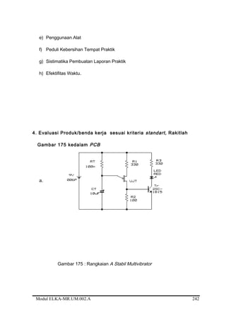 e) Penggunaan Alat
f) Peduli Kebersihan Tempat Praktik
g) Sistimatika Pembuatan Laporan Praktik
h) Efektifitas Waktu.
4. Evaluasi Produk/benda kerja sesuai kriteria standart, Rakitlah
Gambar 175 kedalam PCB
a.
Gambar 175 : Rangkaian A Stabil Multivibrator
Modul ELKA-MR.UM.002.A 242
 
